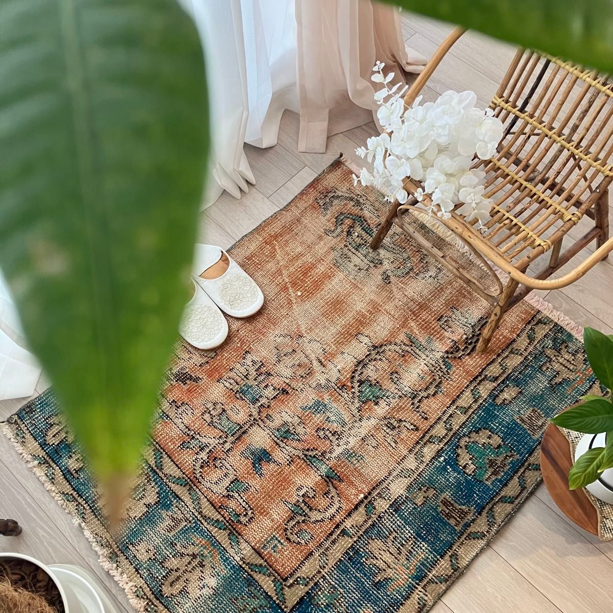 シャビーオレンジ89×108ブルー ベージュ 正方形 トルコヴィンテージ