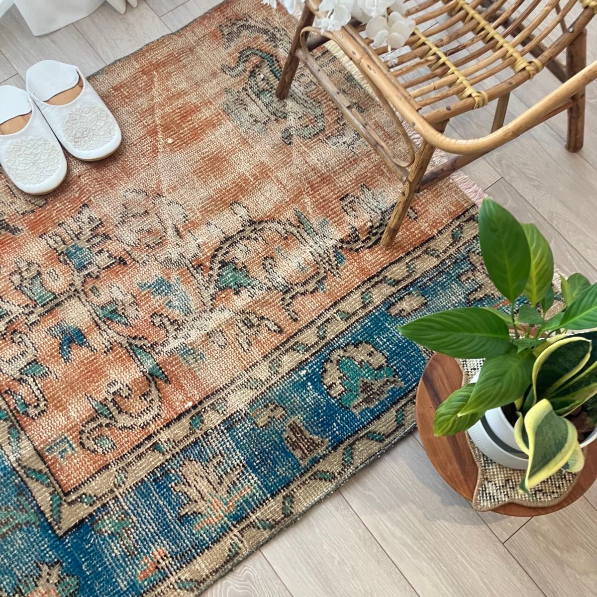 シャビーオレンジ89×108ブルー ベージュ 正方形 トルコヴィンテージ