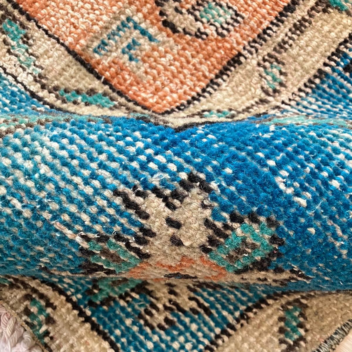 シャビーオレンジ89×108ブルー ベージュ 正方形 トルコヴィンテージ