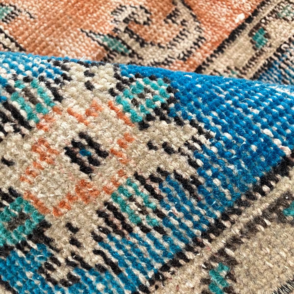 シャビーオレンジ89×108ブルー ベージュ 正方形 トルコヴィンテージ