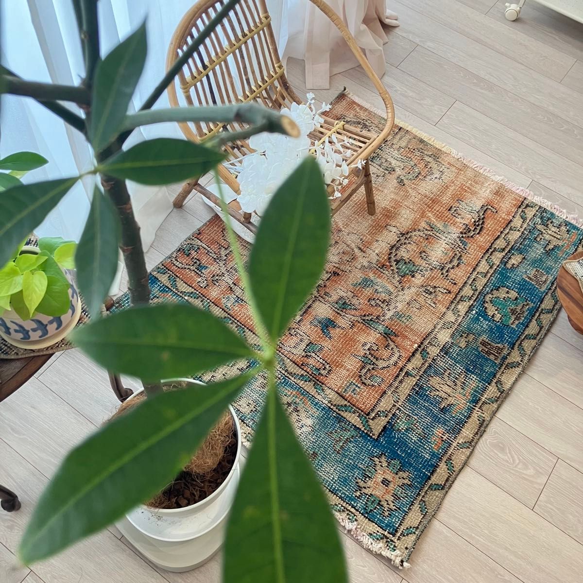 シャビーオレンジ89×108ブルー ベージュ 正方形 トルコヴィンテージ