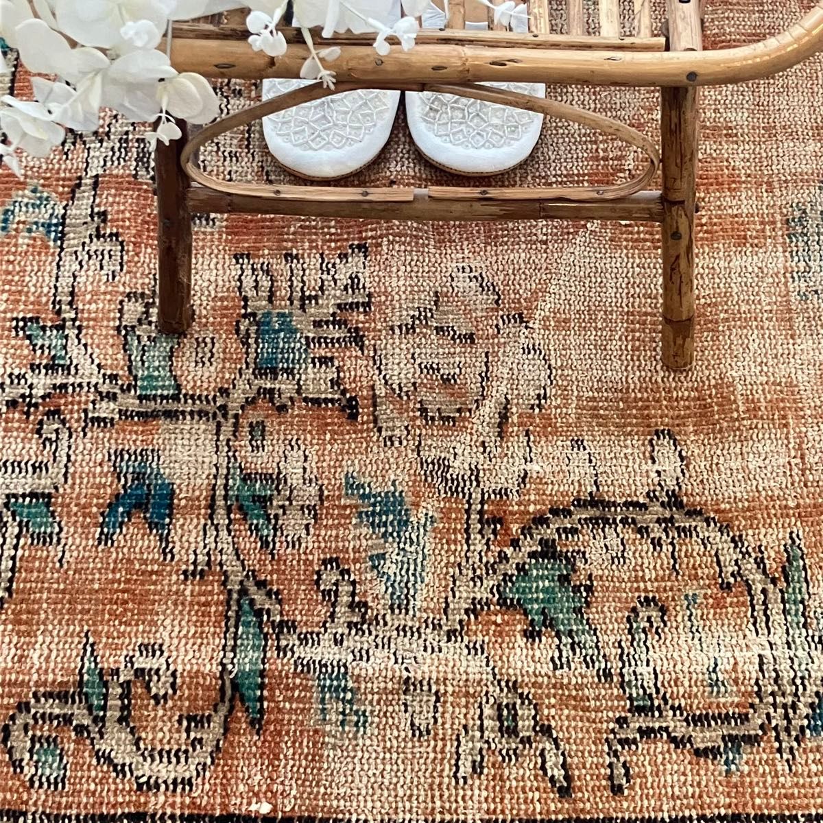 シャビーオレンジ89×108ブルー ベージュ 正方形 トルコヴィンテージ