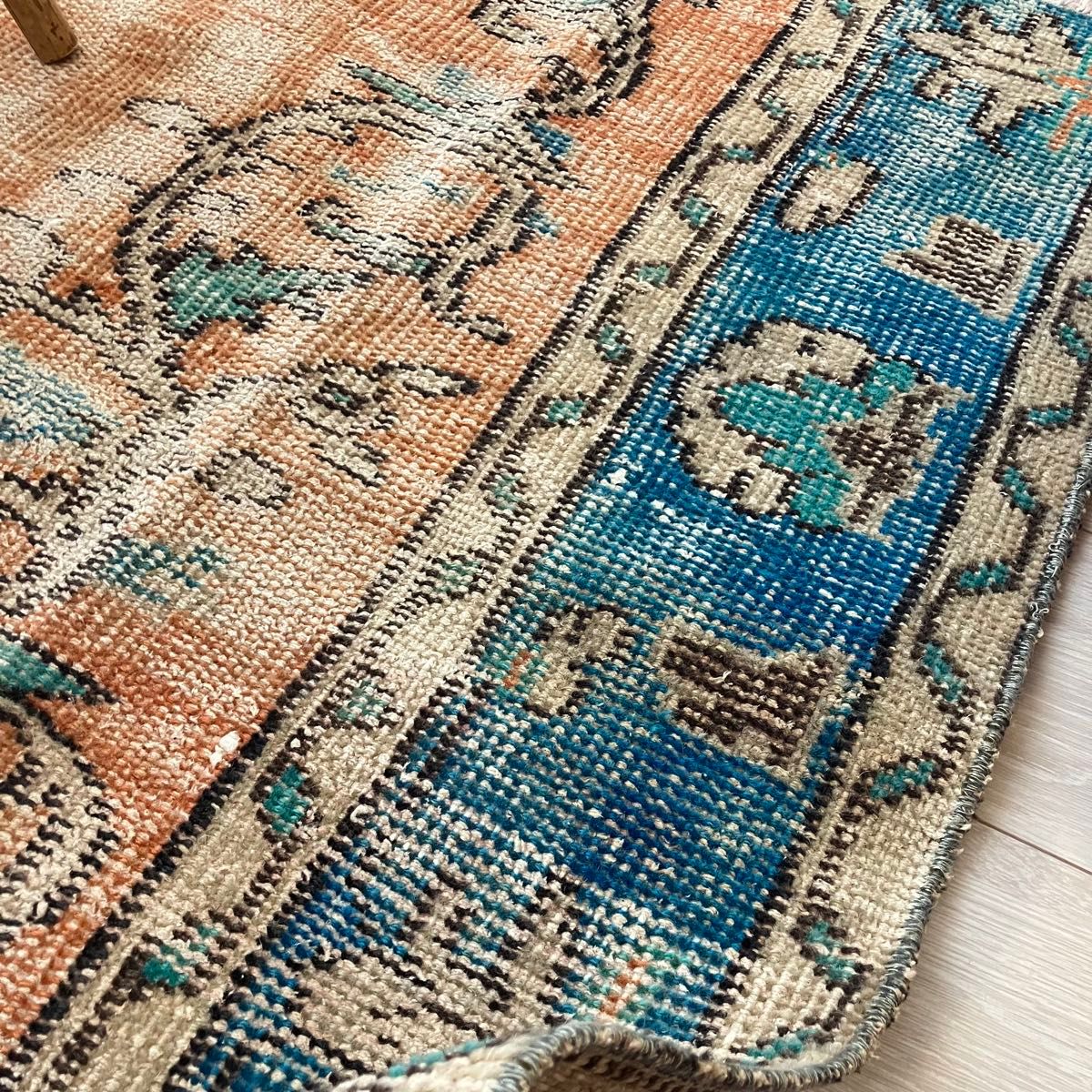 シャビーオレンジ89×108ブルー ベージュ 正方形 トルコヴィンテージ