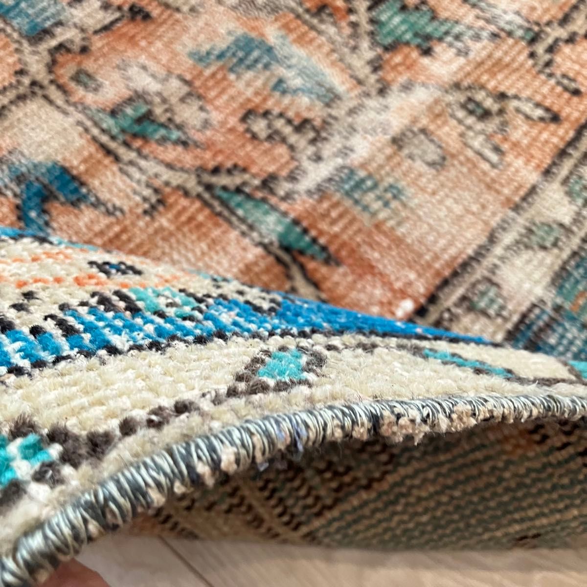 シャビーオレンジ89×108ブルー ベージュ 正方形 トルコヴィンテージ