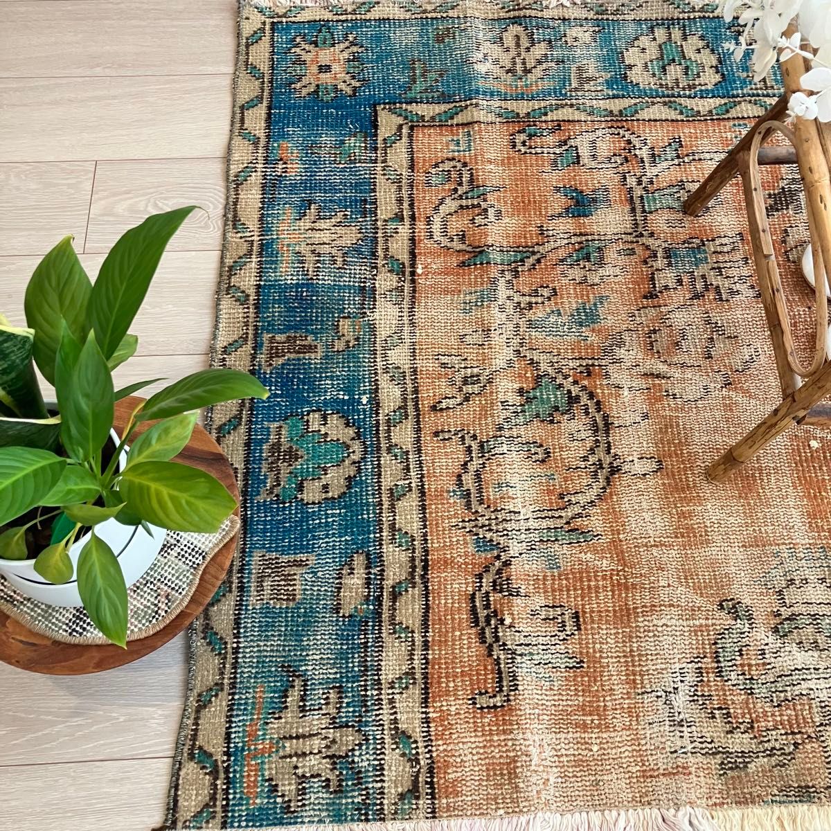 シャビーオレンジ89×108ブルー ベージュ 正方形 トルコヴィンテージ