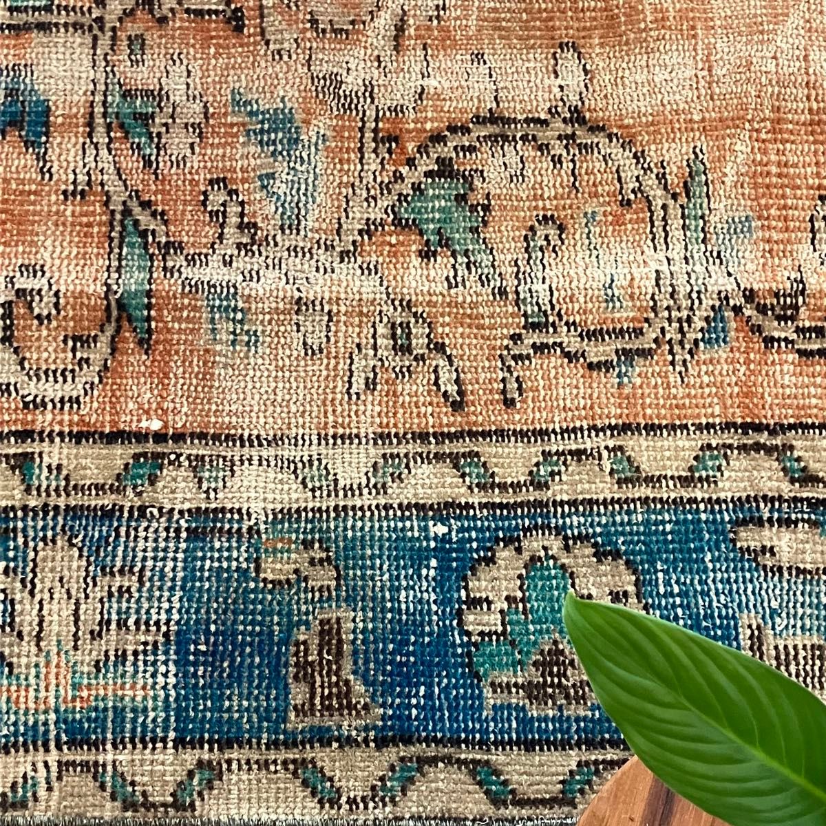 シャビーオレンジ89×108ブルー ベージュ 正方形 トルコヴィンテージ