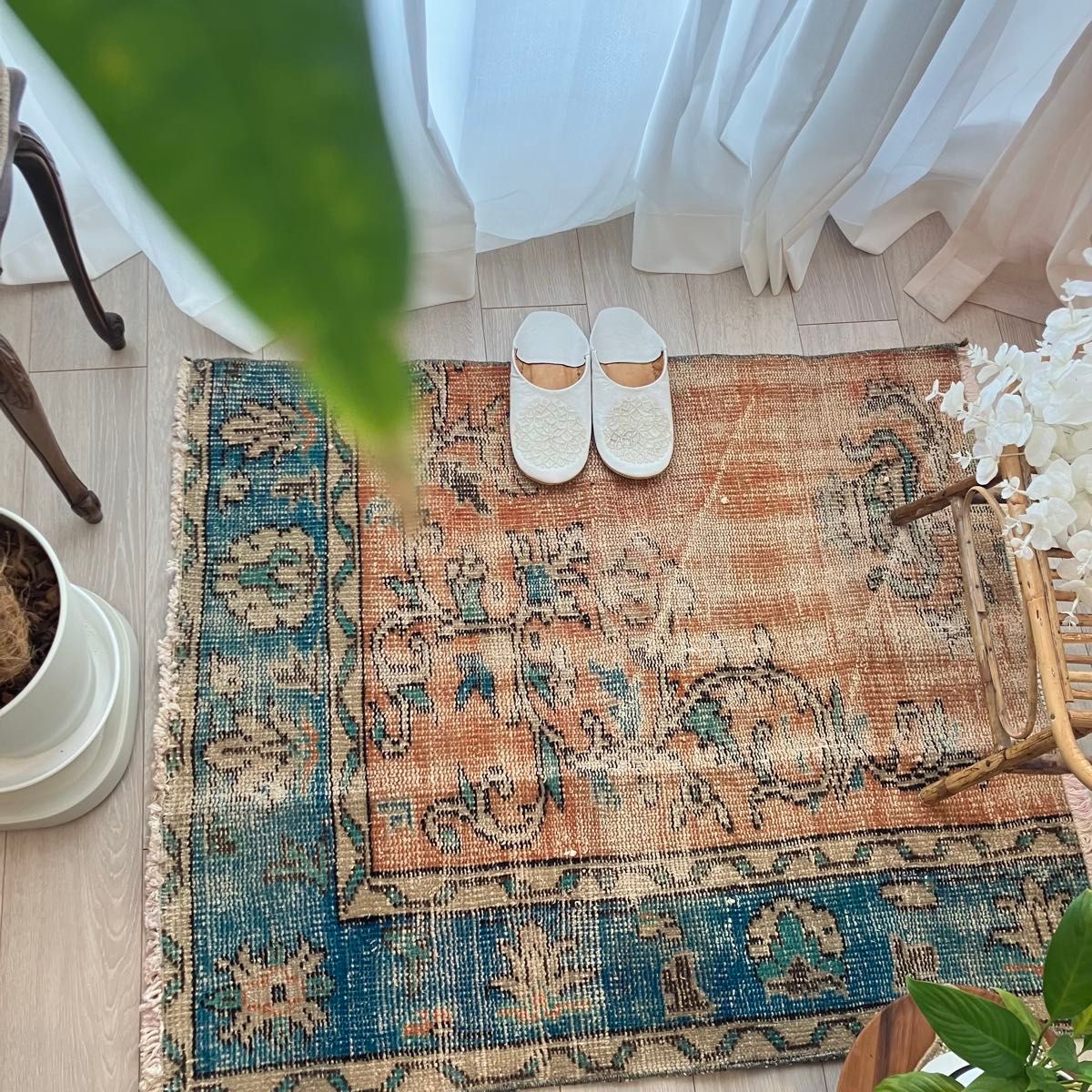 シャビーオレンジ89×108ブルー ベージュ 正方形 トルコヴィンテージ