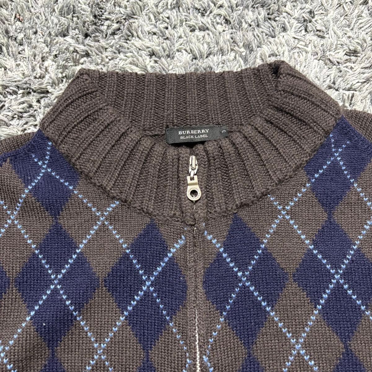 美品 BURBERRY バーバリー アーガイル柄 ジップアップ ニット ウール
