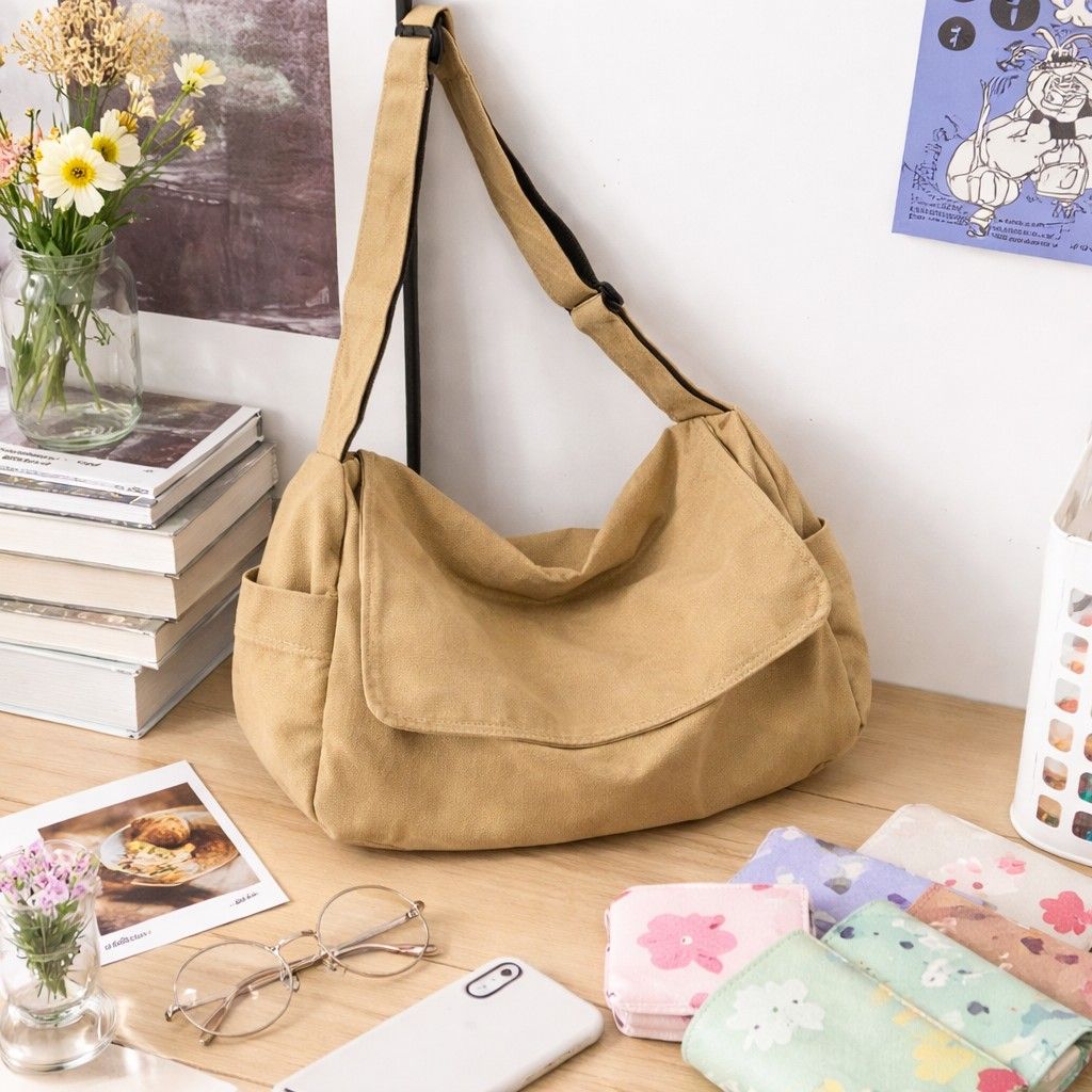 キャンバス ショルダーバッグ メッセンジャーバッグ 大容量 ベージュ