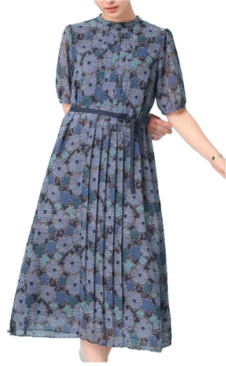 スーナウーナ 花柄プリーツワンピース ロング丈 半袖 ブルー系 L