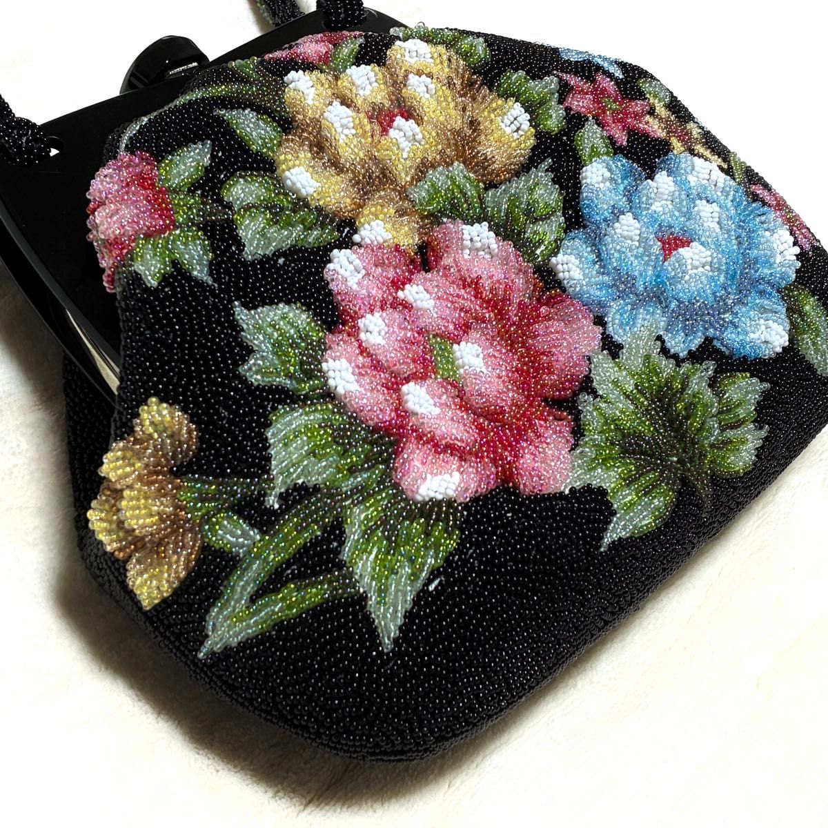 総ビーズ 花柄 ハンドバッグ 和装小物 ブラック 昭和レトロ ビーズ