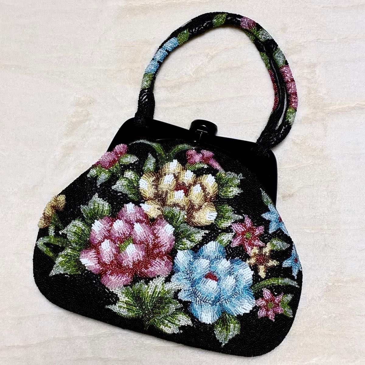 総ビーズ 花柄 ハンドバッグ 和装小物 ブラック 昭和レトロ ビーズ