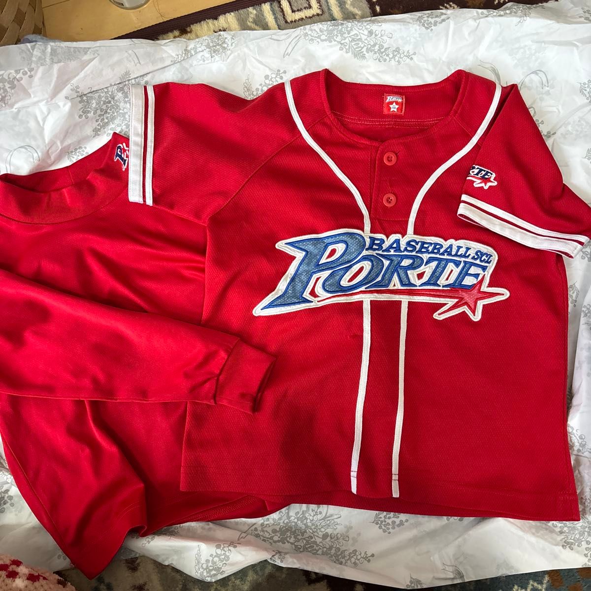 ポルテ 野球 ユニフォーム ベースボールシャツ 長袖シャツ 赤 2点