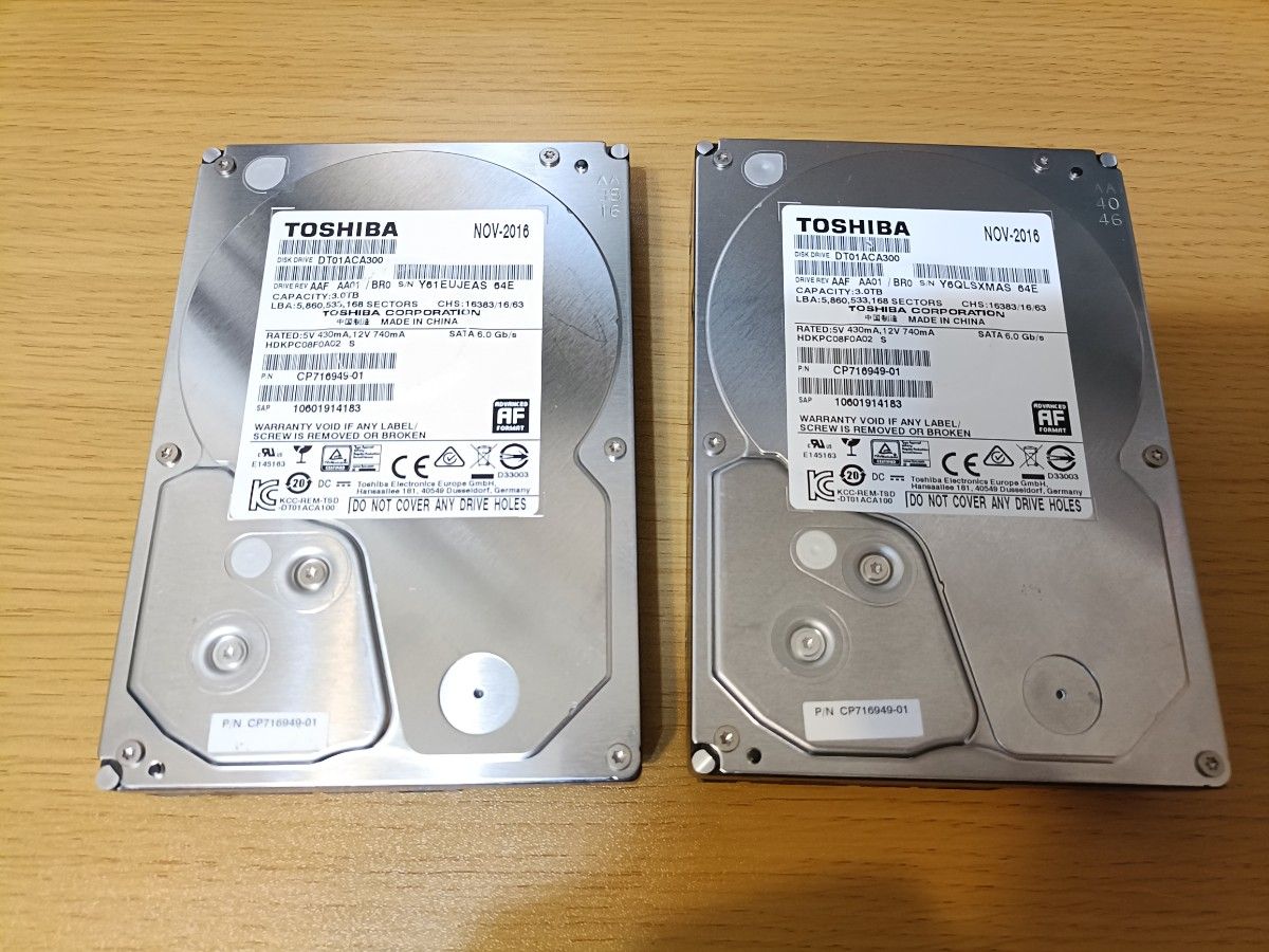 正常 2台セット 東芝 HDD 3TB DT01ACA300 SATA ハードディスク