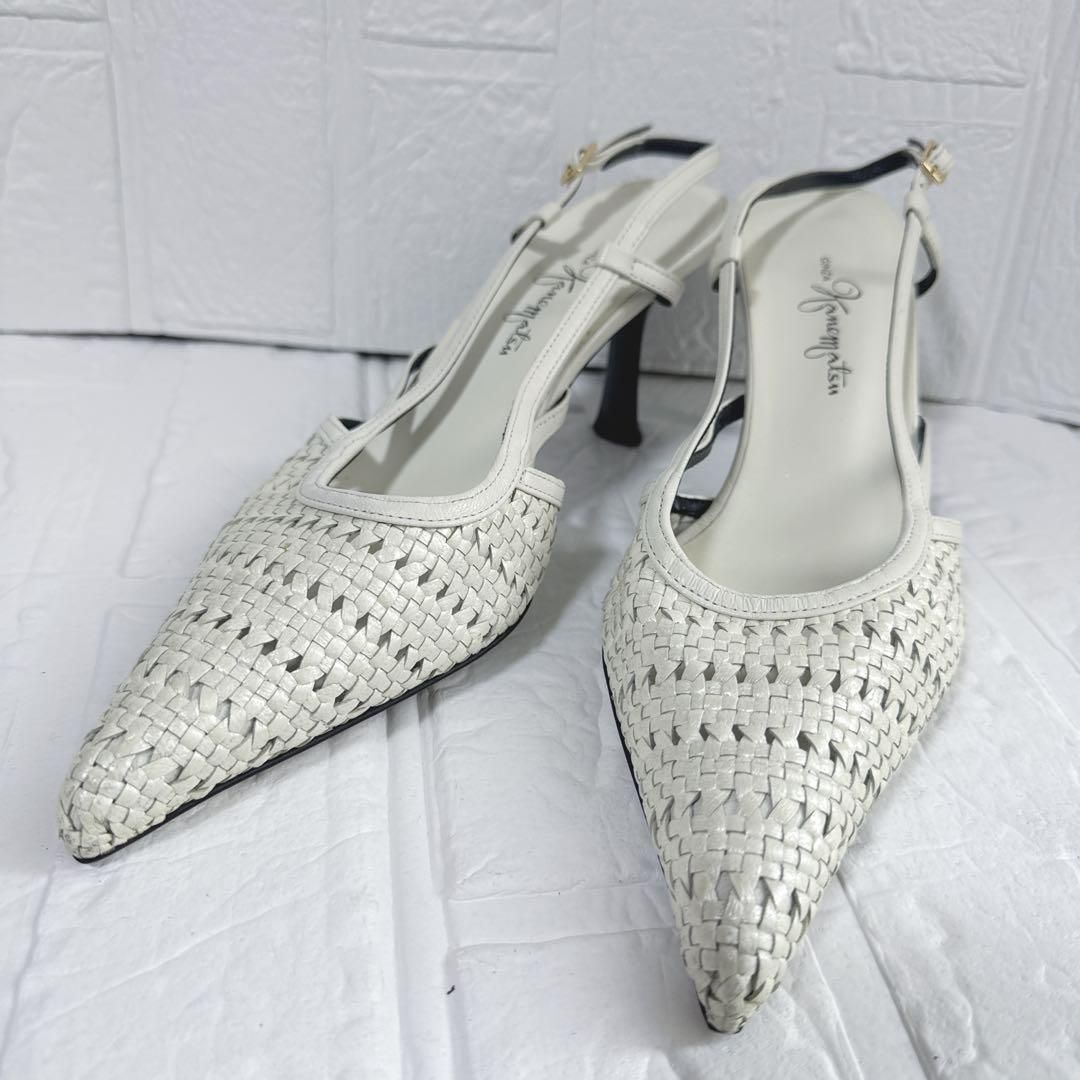 銀座かねまつ パンプス 23D ホワイト メッシュ ストラップ ミュール