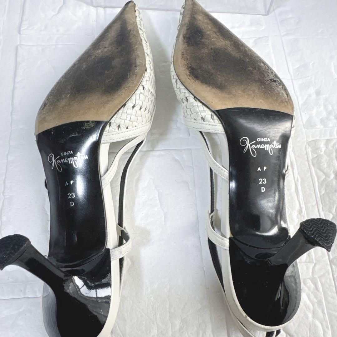 銀座かねまつ パンプス 23D ホワイト メッシュ ストラップ ミュール