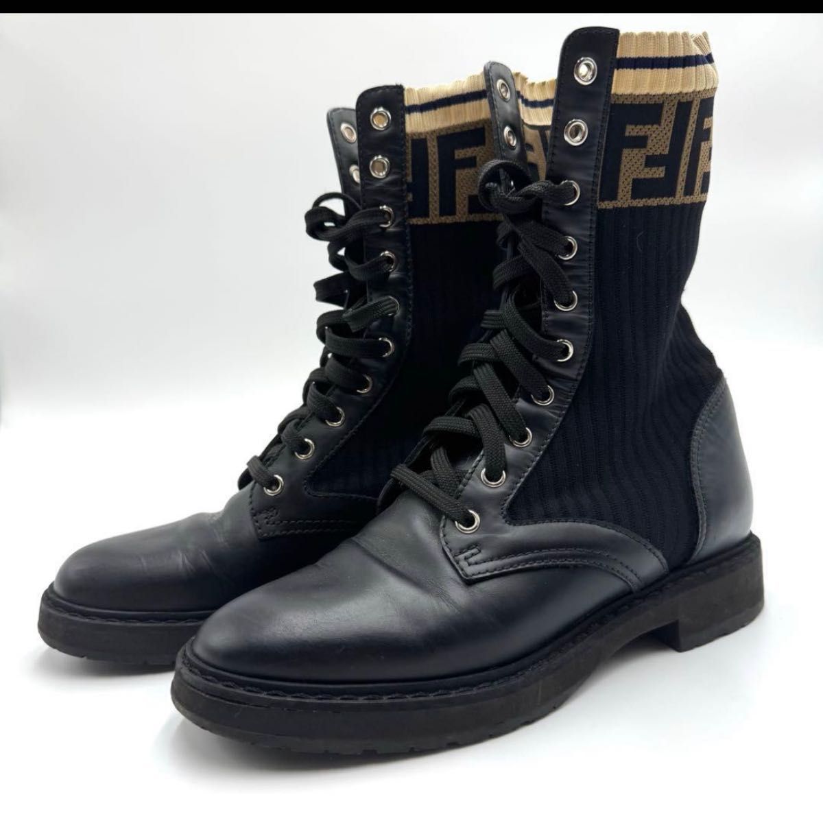 美品 FENDI ソックス ブーツ リブ ズッカ柄 FF Vibram 黒 37｜Yahoo