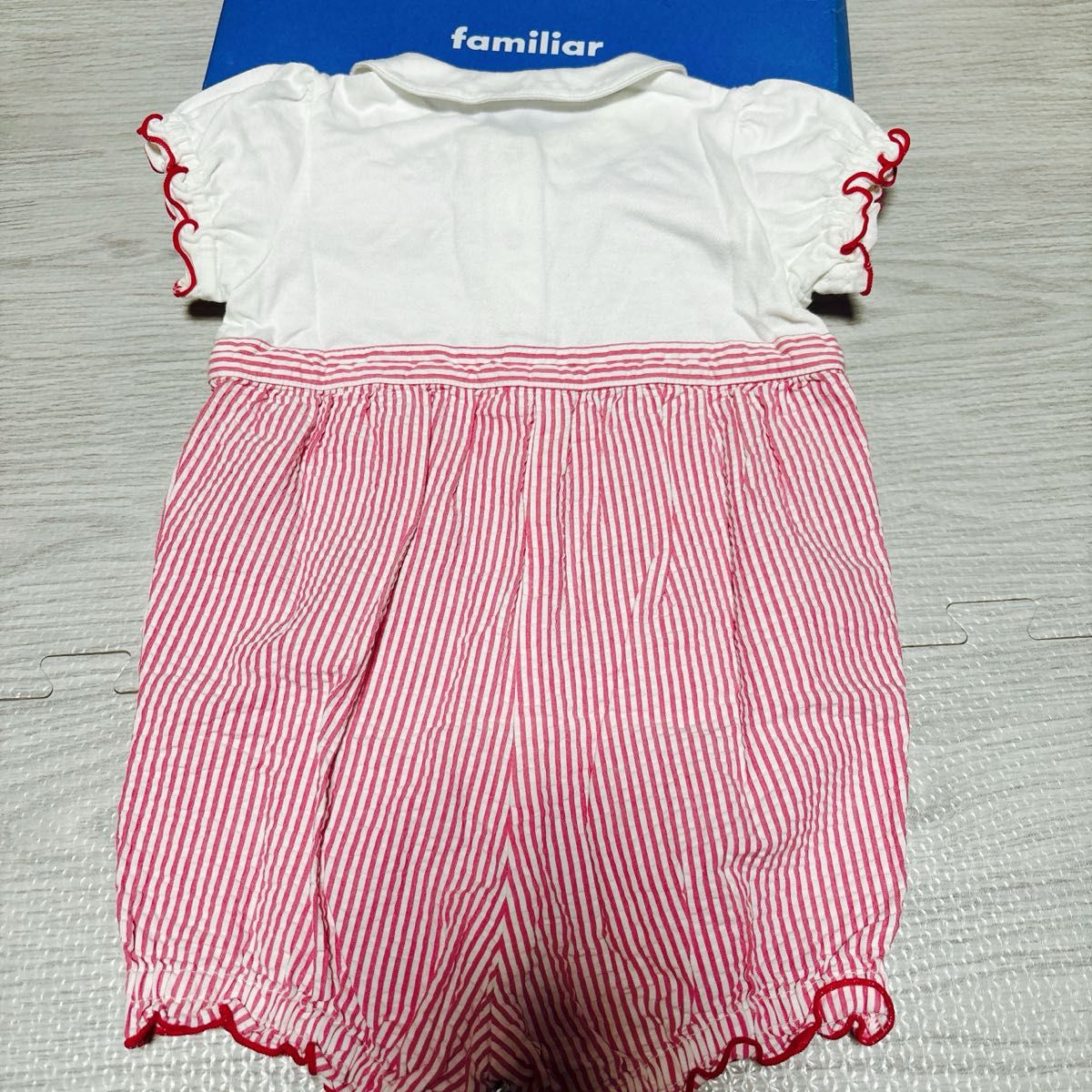 ファミリア ロンパース カバーオール 半袖 70 赤 ストライプ ぞう