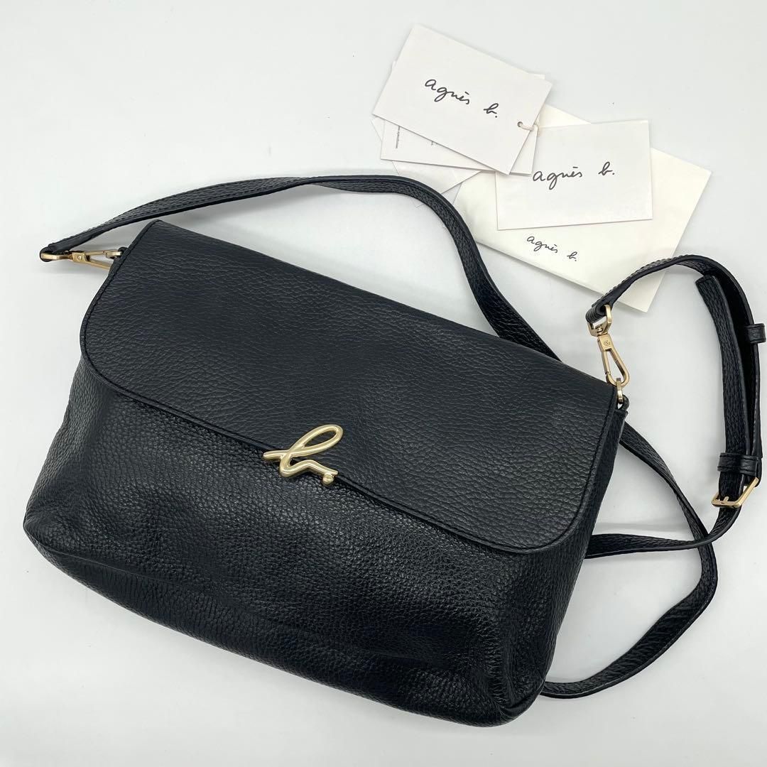 極美品】アニエスベー ショルダーバッグ ゴールド金具 ロゴ レザー 黒