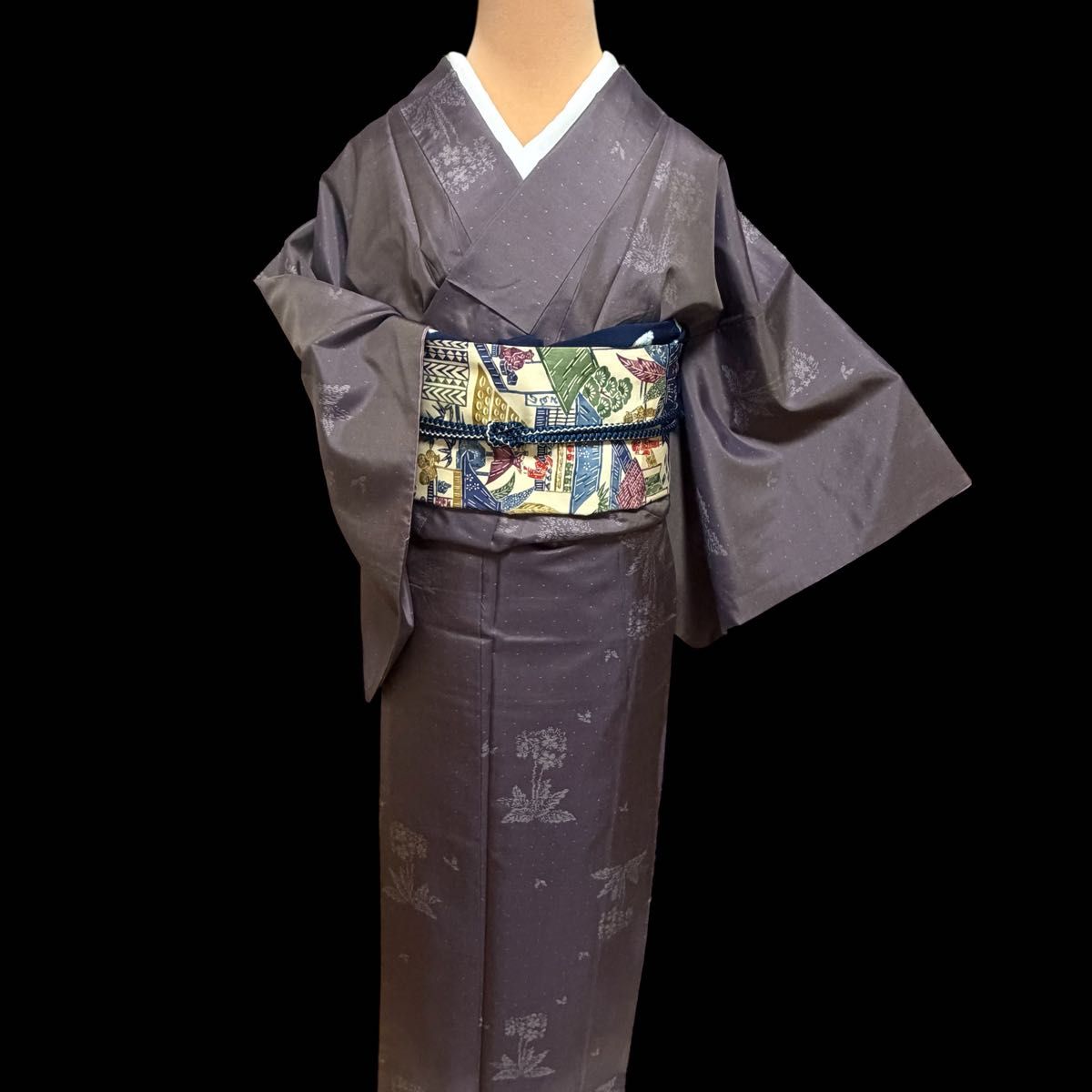 色大島紬 さが美扱い 正絹 パープルグレー系 小紋 ガード加工 袷着物