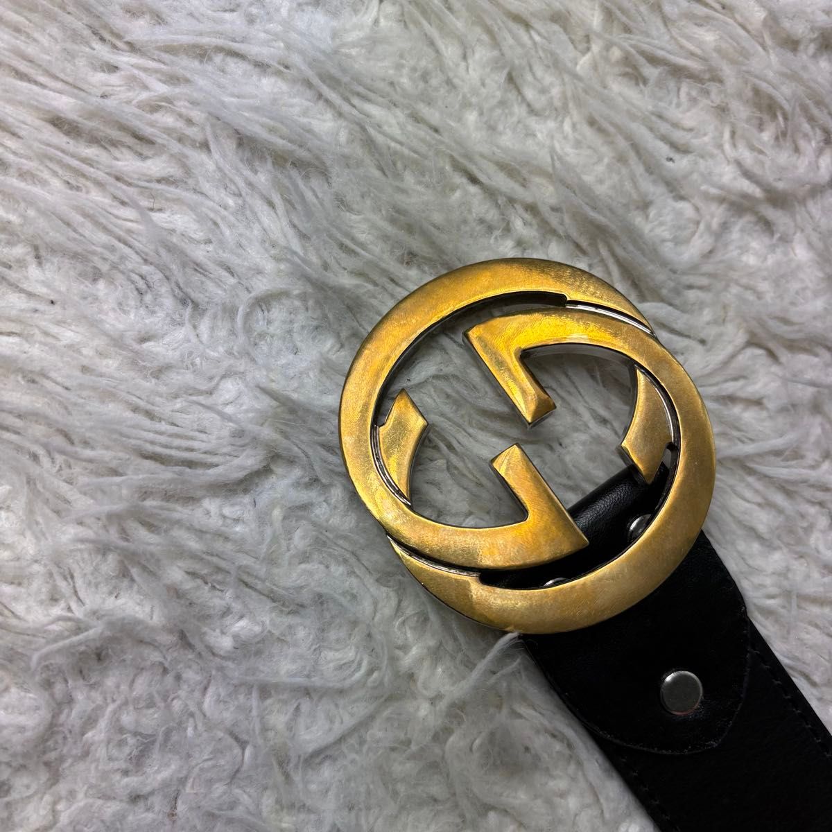 美品 GUCCI グッチ インターロッキング レザーベルト メンズ 黒 金 GG