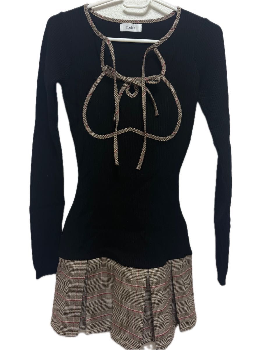 Darich ダーリッチ ポイントチェックニットミニワンピース BLK