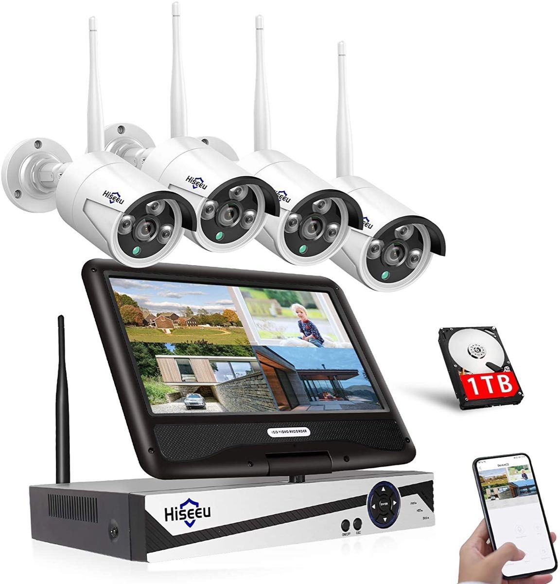 Aランク】モニター付き 1TBHDD内蔵NVR 500万画素カメラ4台セット 防犯