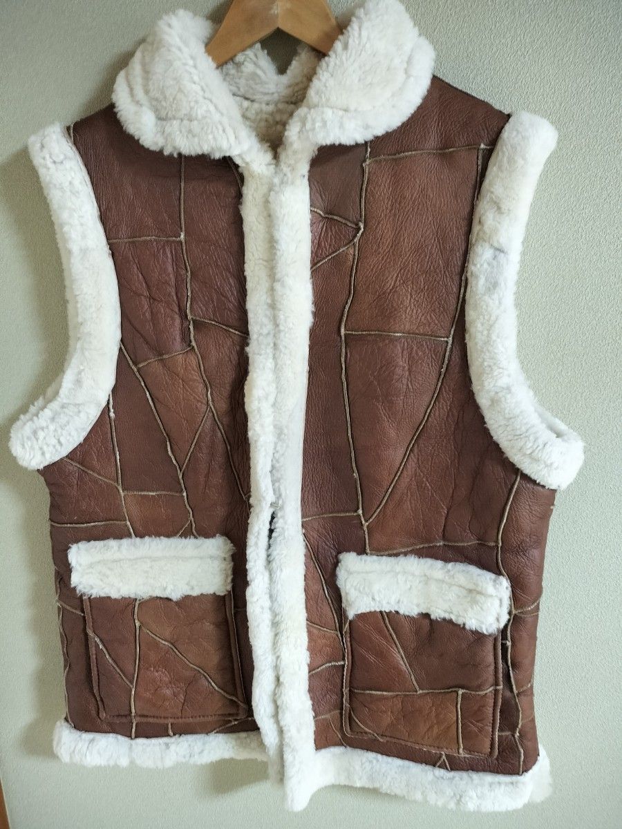 ムートンベスト リアルムートン L 本革 羊革 ベスト パッチワーク