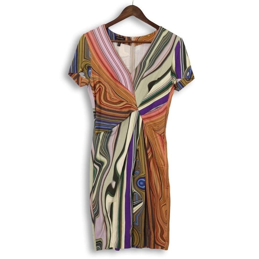 ESCADA エスカーダ ストレッチワンピース S 半袖 タイト マーブル 総柄
