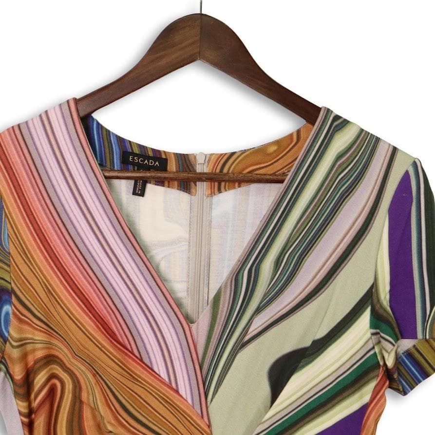 ESCADA エスカーダ ストレッチワンピース S 半袖 タイト マーブル 総柄