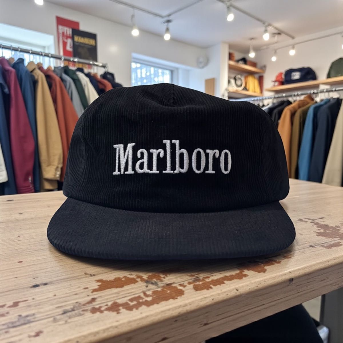 Marlboro マルボロ コーデュロイキャップ CAP ブラック 黒 白刺繍