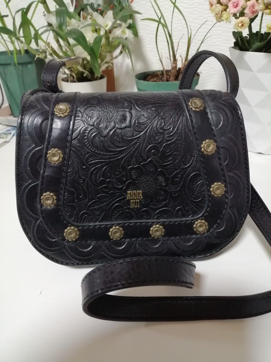 ANNA SUI アナスイ ショルダーバッグ 黒 レザー 花柄 型押し｜Yahoo