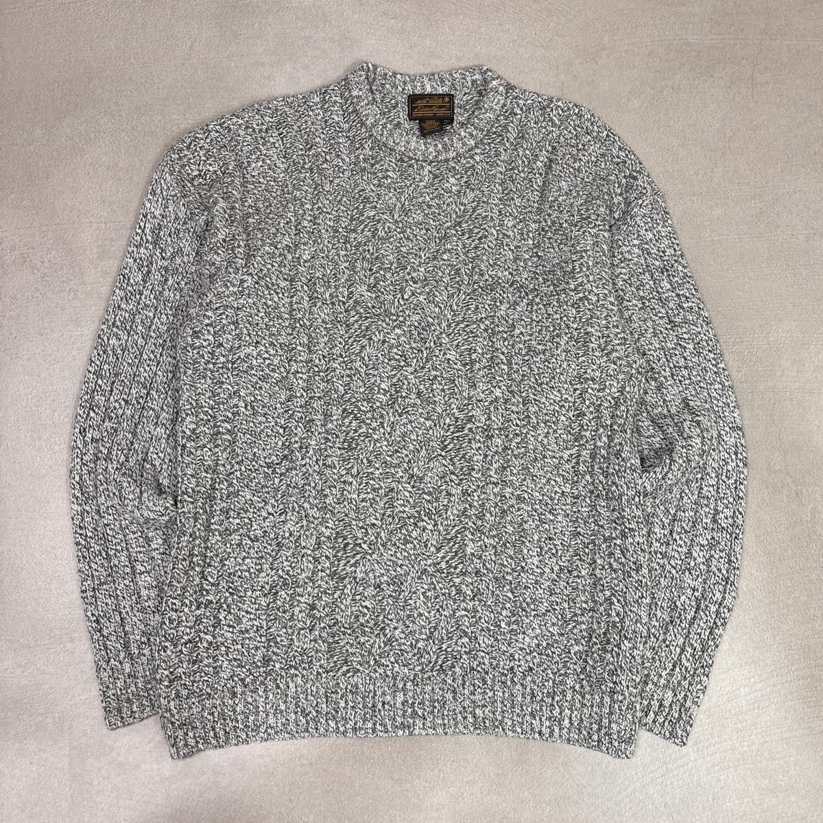 黒タグ90s エディーバウアー ケーブルニット 杢グレー メランジ クルー