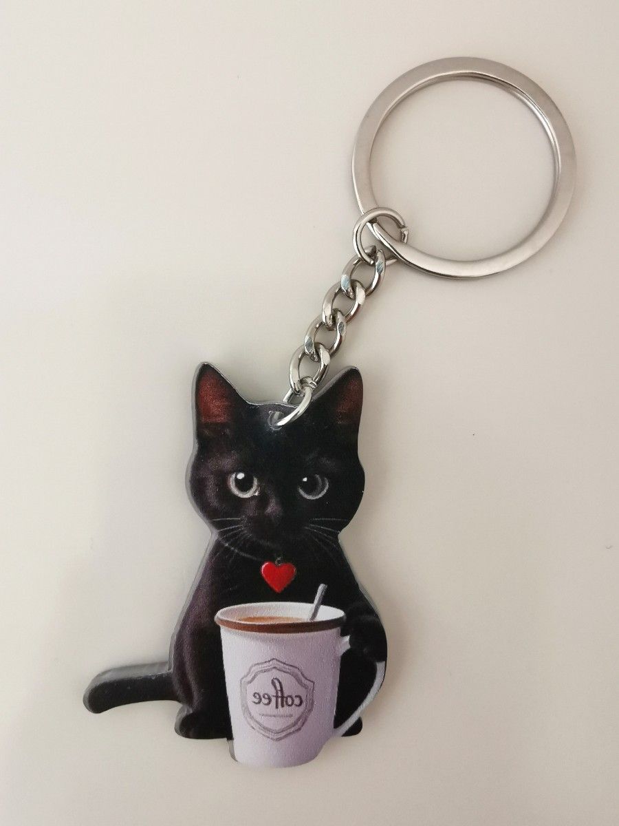 コーヒータイムの 黒猫 猫 キーホルダー キーリング ネコ ねこ