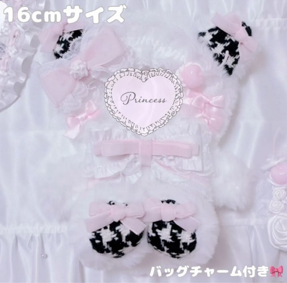 甘ロリホイップ千鳥柄×しろねこ】16cm おすわりぬい服 ピンク