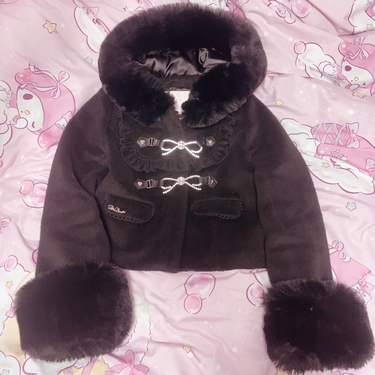 LIZLISA コート リズリサ ブラック ビジューリボンショートフード