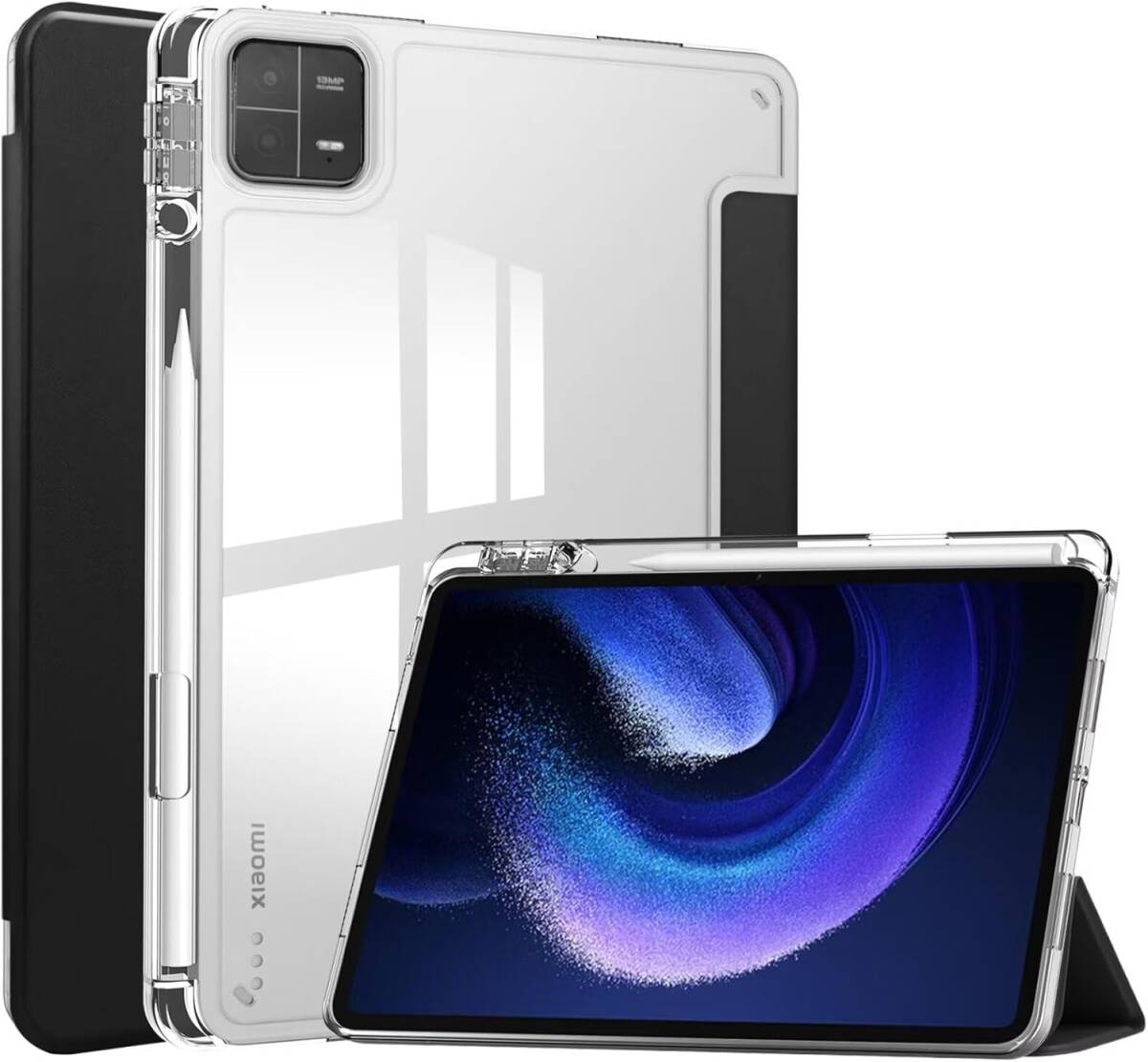 Xiaomi Pad 6 ケース 背面透明 スマートペン納 オートスリープ 3つ折り