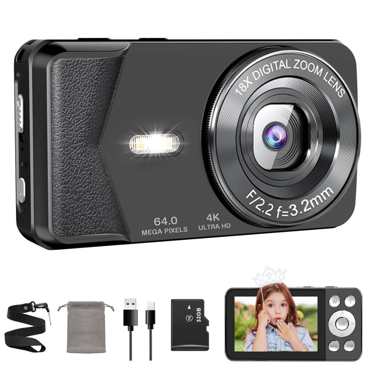 デジカメ 4K デジタルカメラ 小型 6400万画素 Type-Cケーブルでスマホ