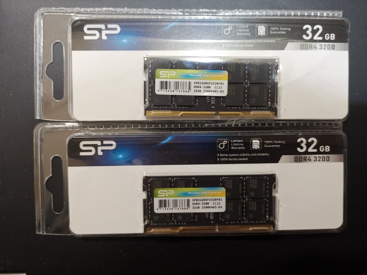 数時間だけ使用 シリコンパワー サムスンチップ DDR4-3200 32GB×2枚