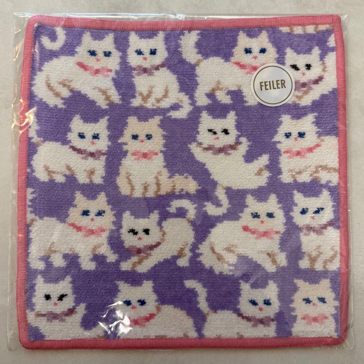 新品 FEILER フェイラー タオルハンカチ モフモフネコチャン パープル