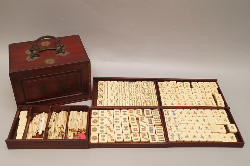 中国 竹嵌 骨牌 背竹牌 麻雀牌 木箱付 V 8014 【祐】中国