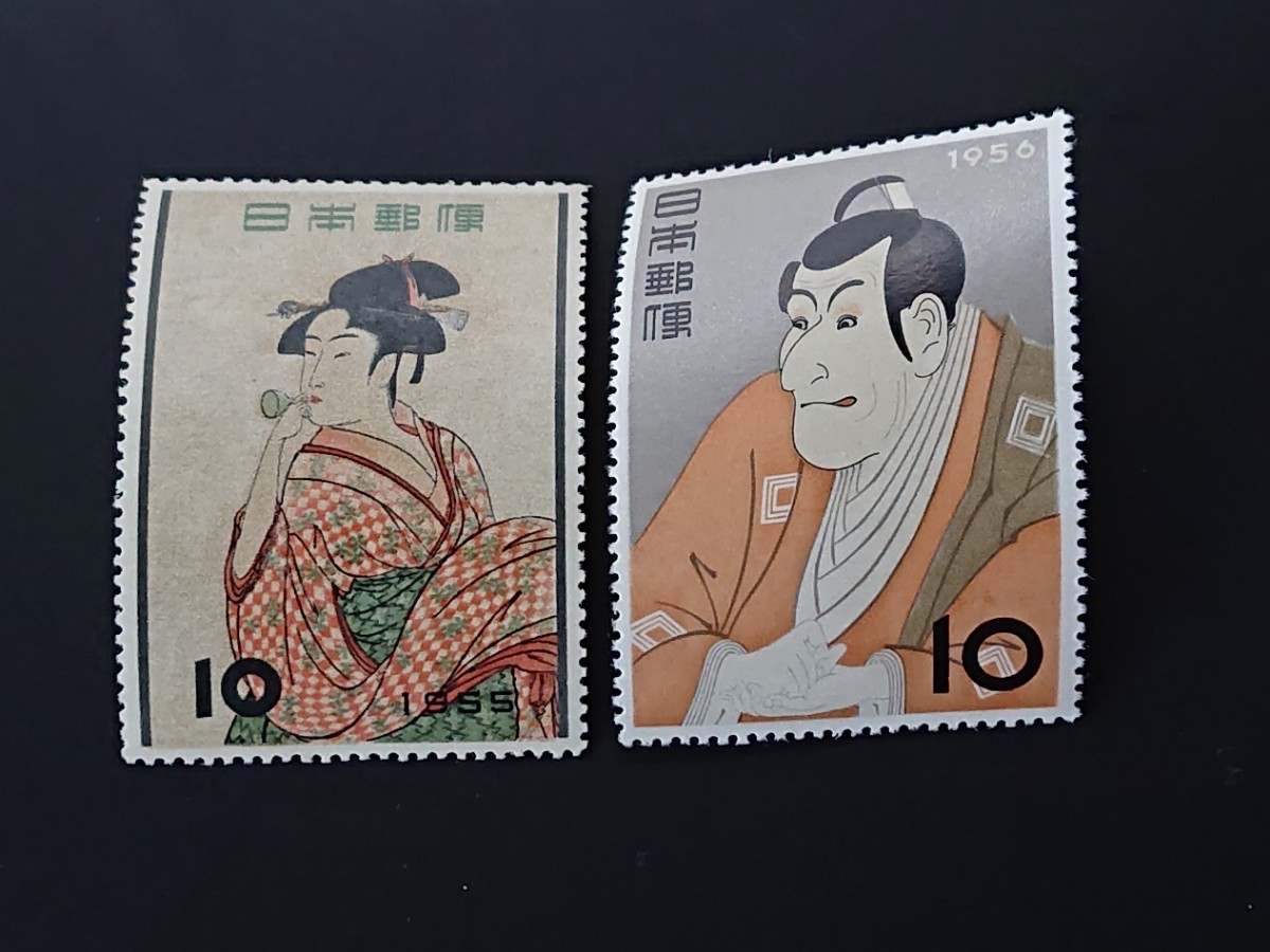 切手趣味週間 月に雁 ・見返り美人・ビードロ・写楽・手鞠・伊勢・宿木