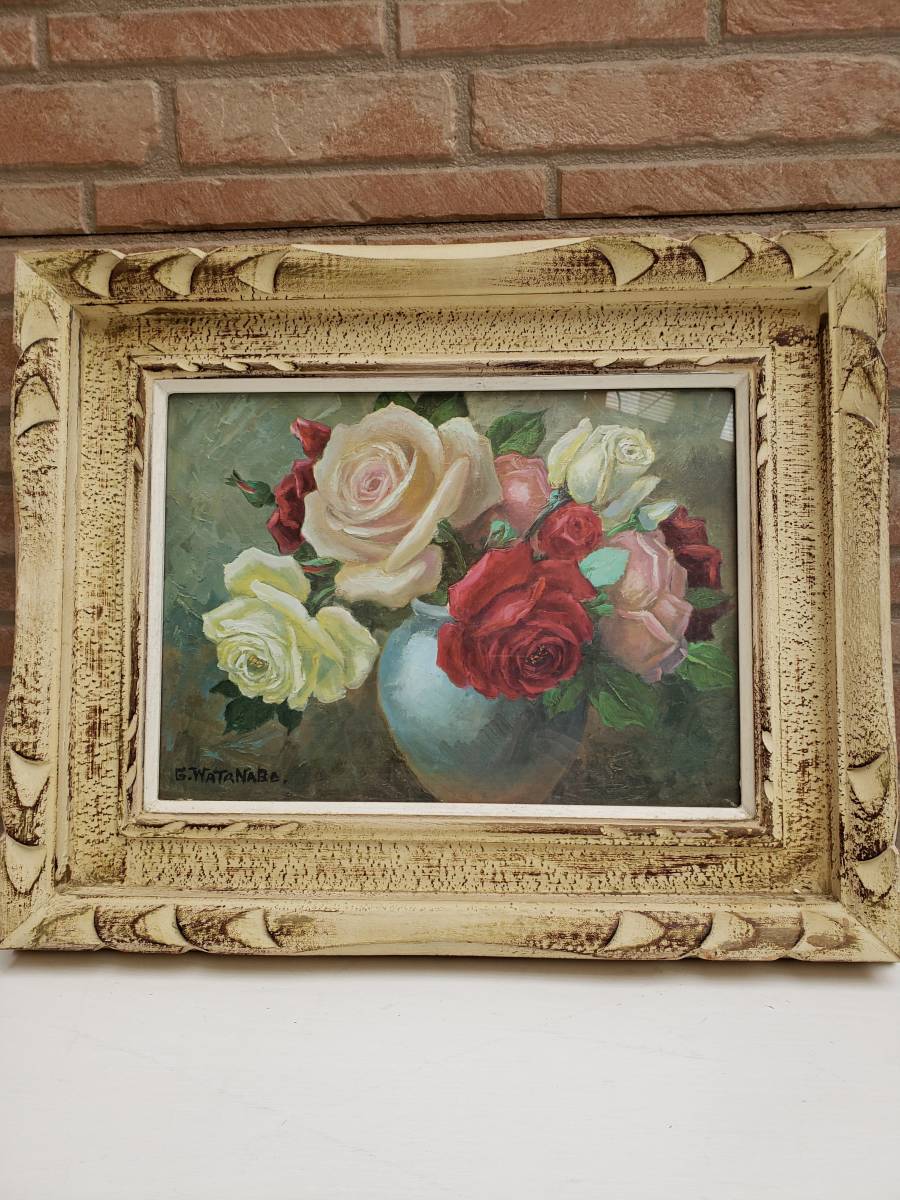 絵画 油絵 油彩画F4 「バラ一輪」額付き 美品 芸術 原画 手描き サイン入り