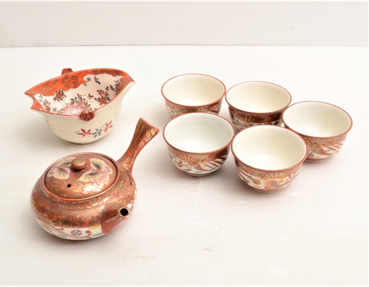 九谷焼 古九谷 赤九谷 馬絵 牛絵 茶器セット 煎茶道具 金彩 共箱有り