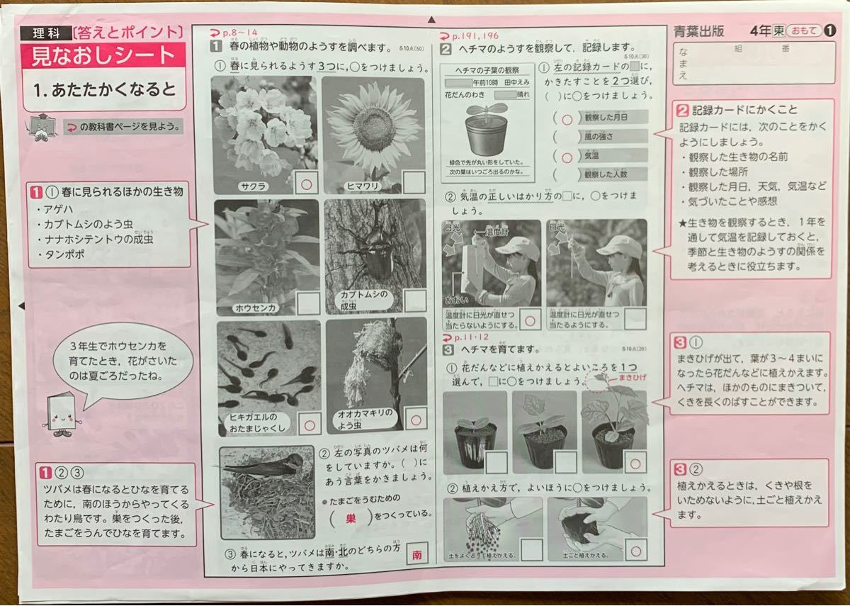 小学4年生【理科】カラーテスト見なおしシート 2021年度(令和3年4月