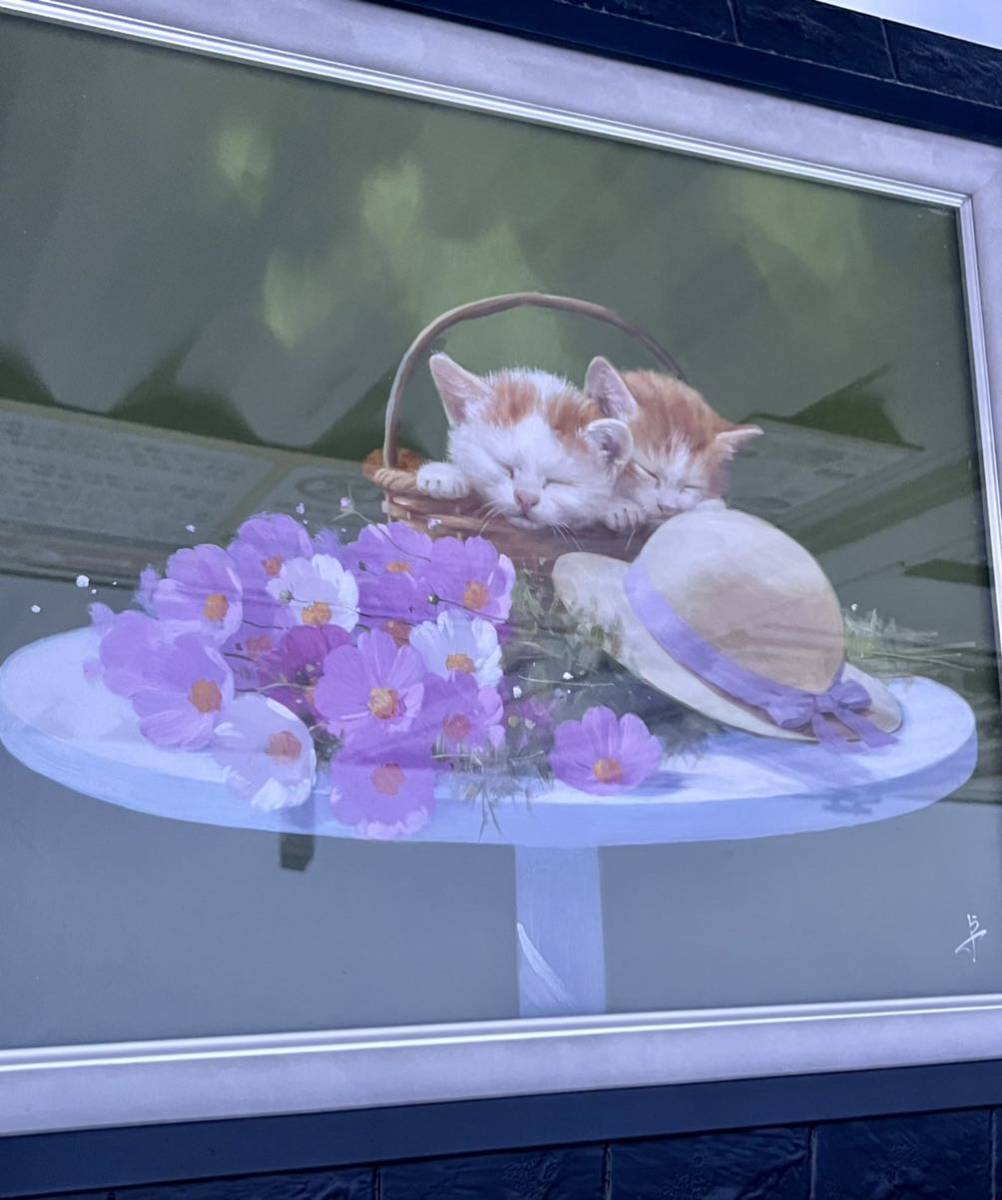 □長岡卓□子猫 おひるね F6号 油彩 油絵 日本画 長岡卓