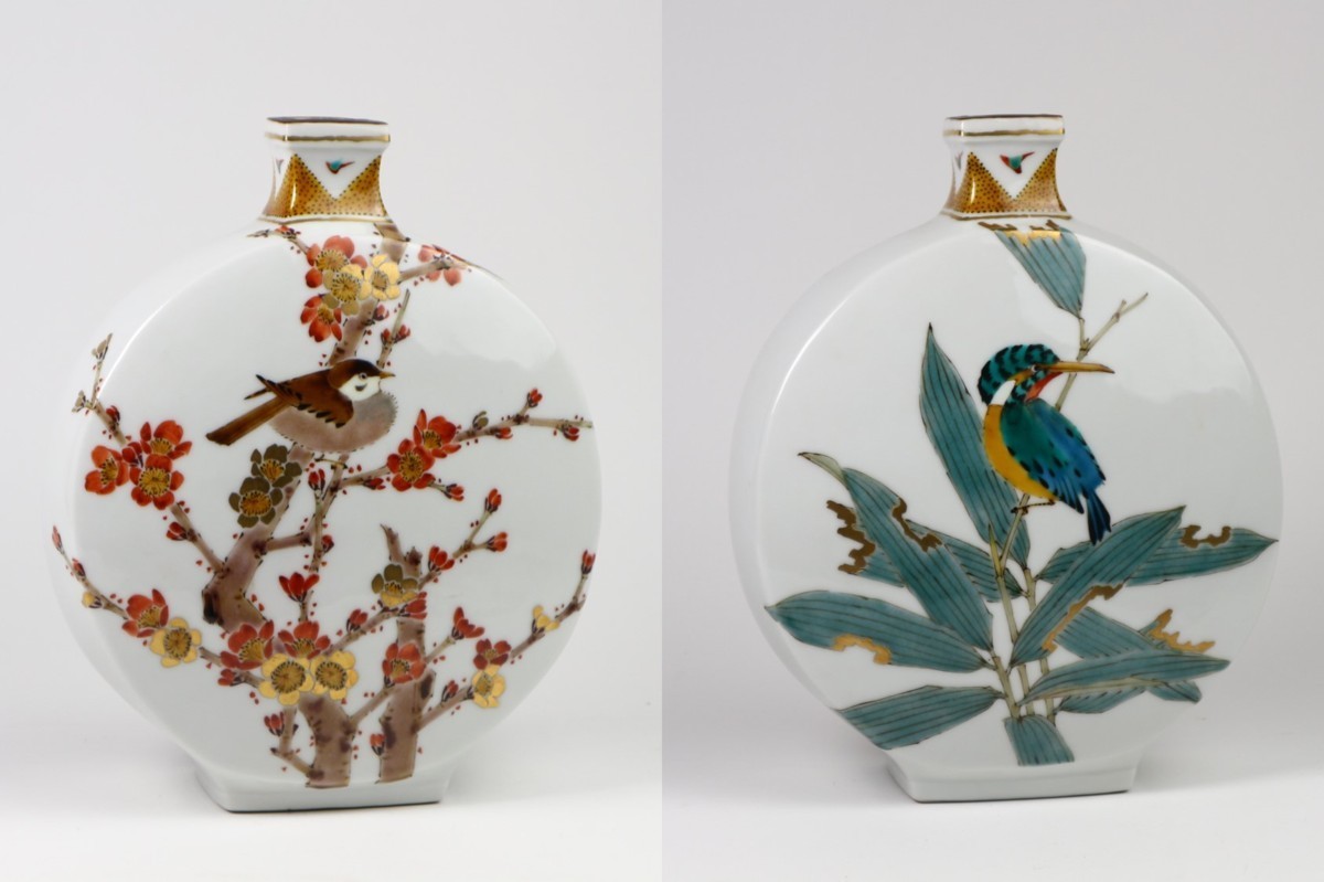 九谷焼＊山田 義明＊桜に雀 扁壺・花器 九谷焼＊山田 義明＊桜に雀