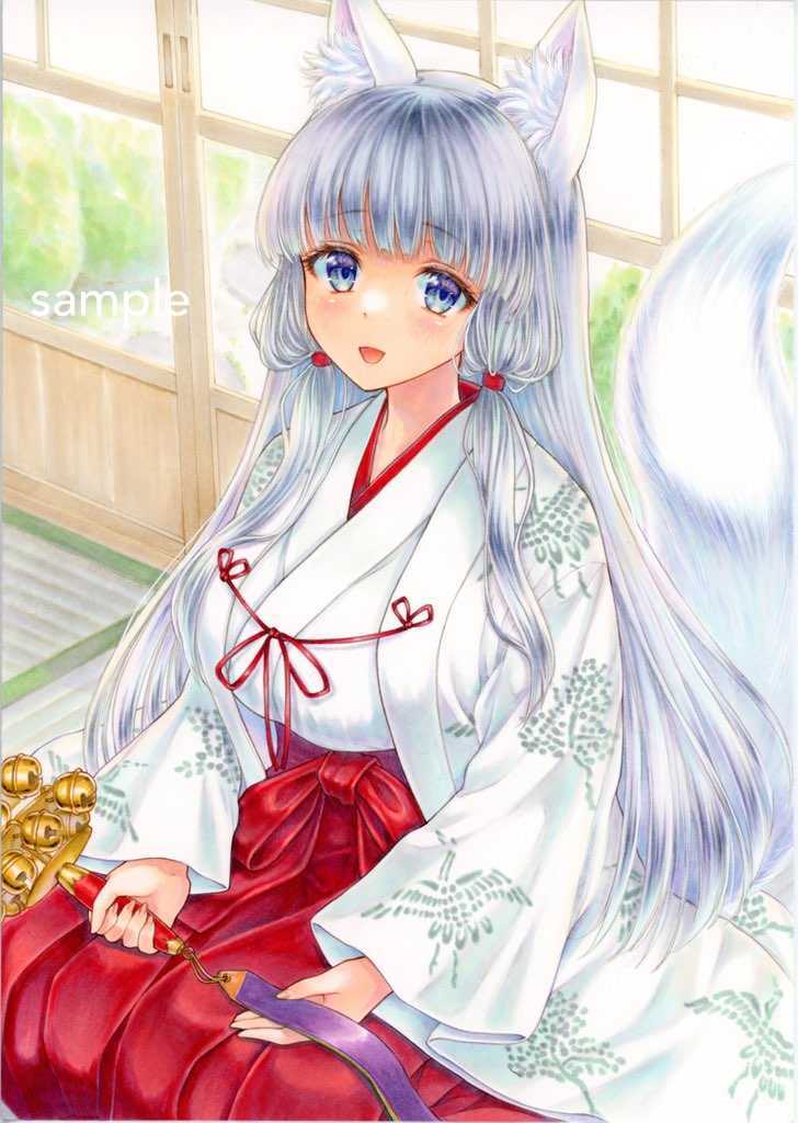 Yahoo!オークション - オリジナル 手描きイラスト 白狐の巫女さん 千早
