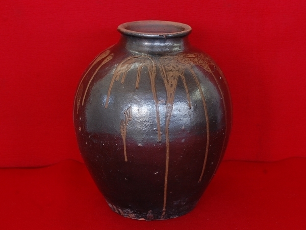 古民具/古民藝/小振りで釉薬の美しい唐津焼の壷/水瓶】甕
