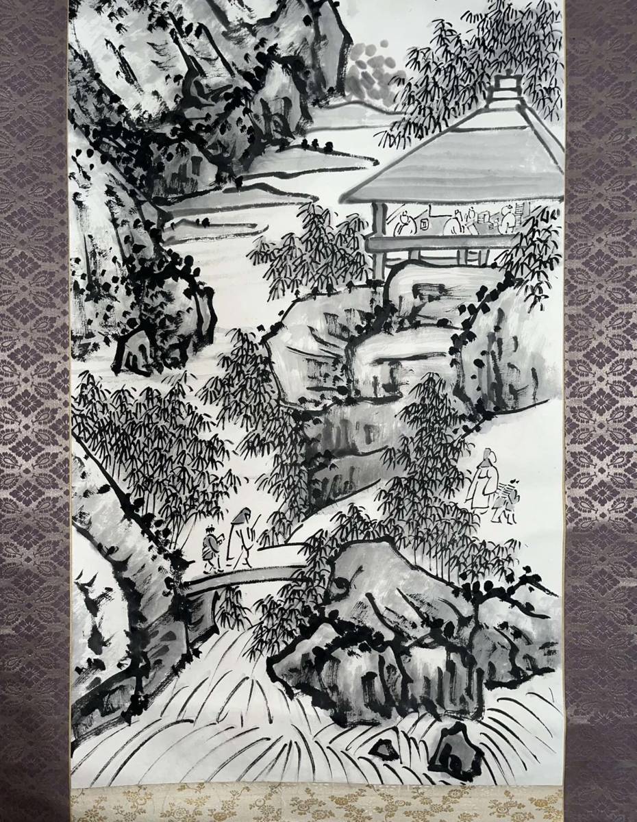 真作/晃珠/湖畔図/桐共箱付/布袋屋掛軸HE-986 真作】//晃珠/湖畔図/桐